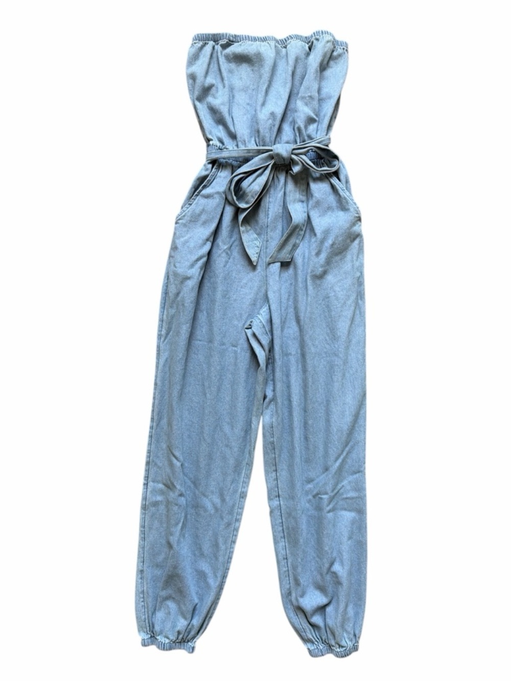 American Eagle Chambray Strapless Jumpsuit Elastic Waist Tie Front Pockets XS - Picture 3 of 5